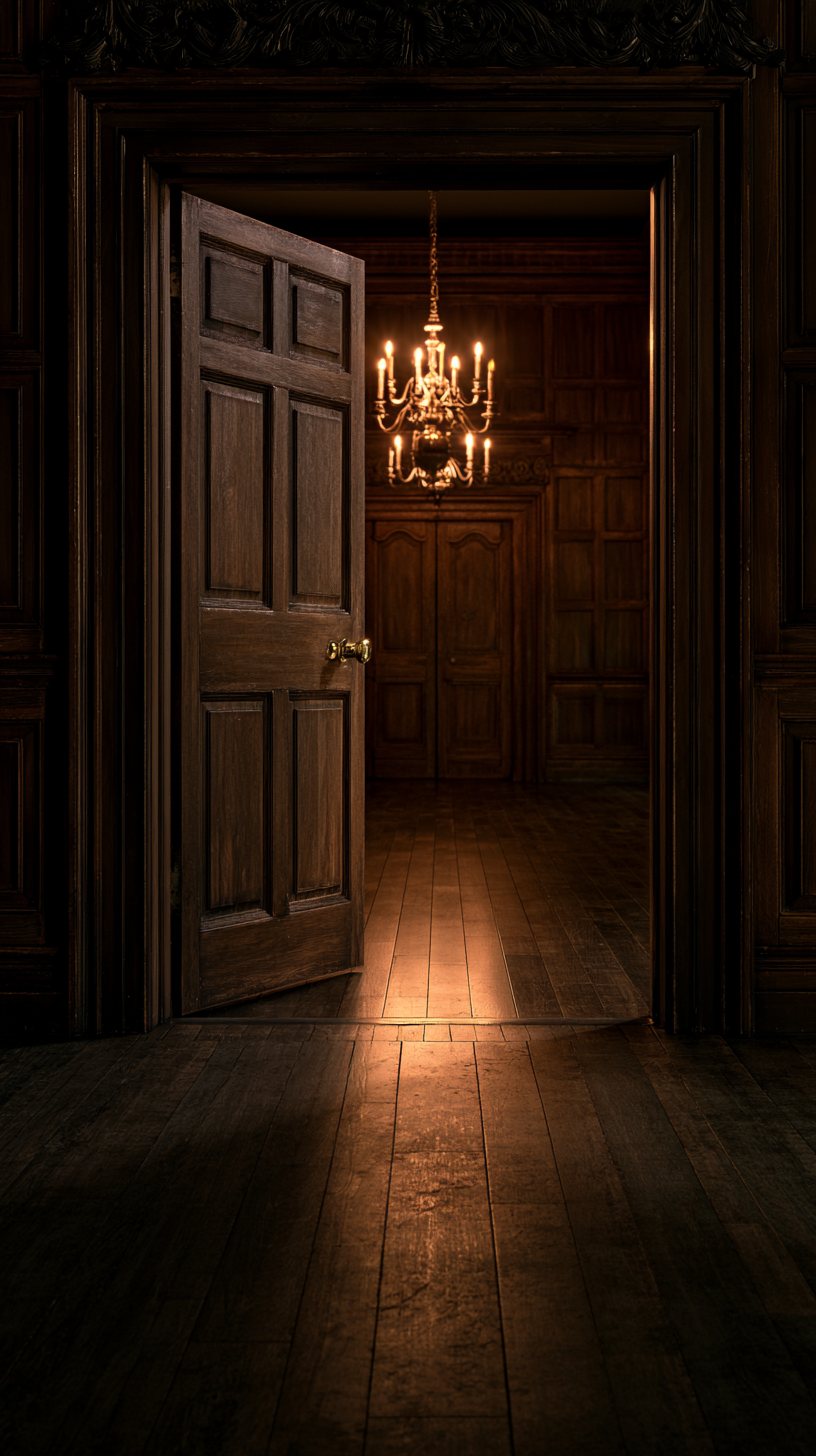 An open panelled door into a warm candlelit room seen from a dark hallway