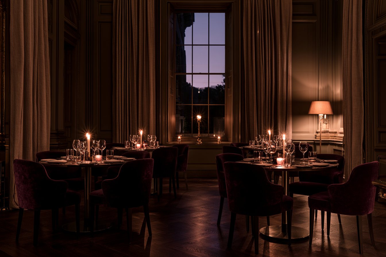 A private dining room at dusk, tables set and lit by candles