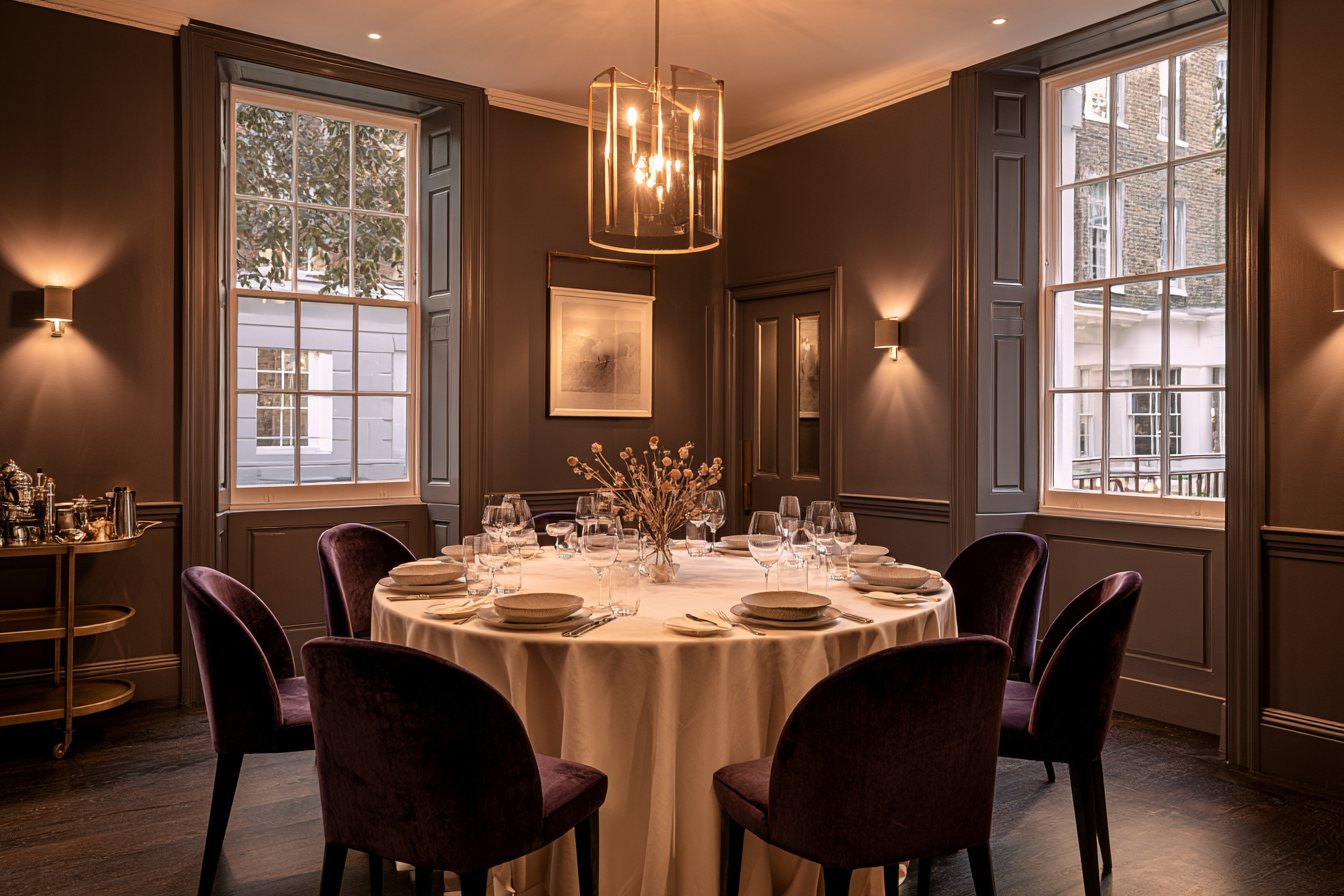 A dining room in soft morning daylight, set with cream linen and coffee