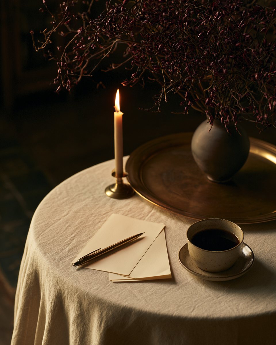 A round table with a lit candle, cream envelope, pen, coffee cup and brass tray