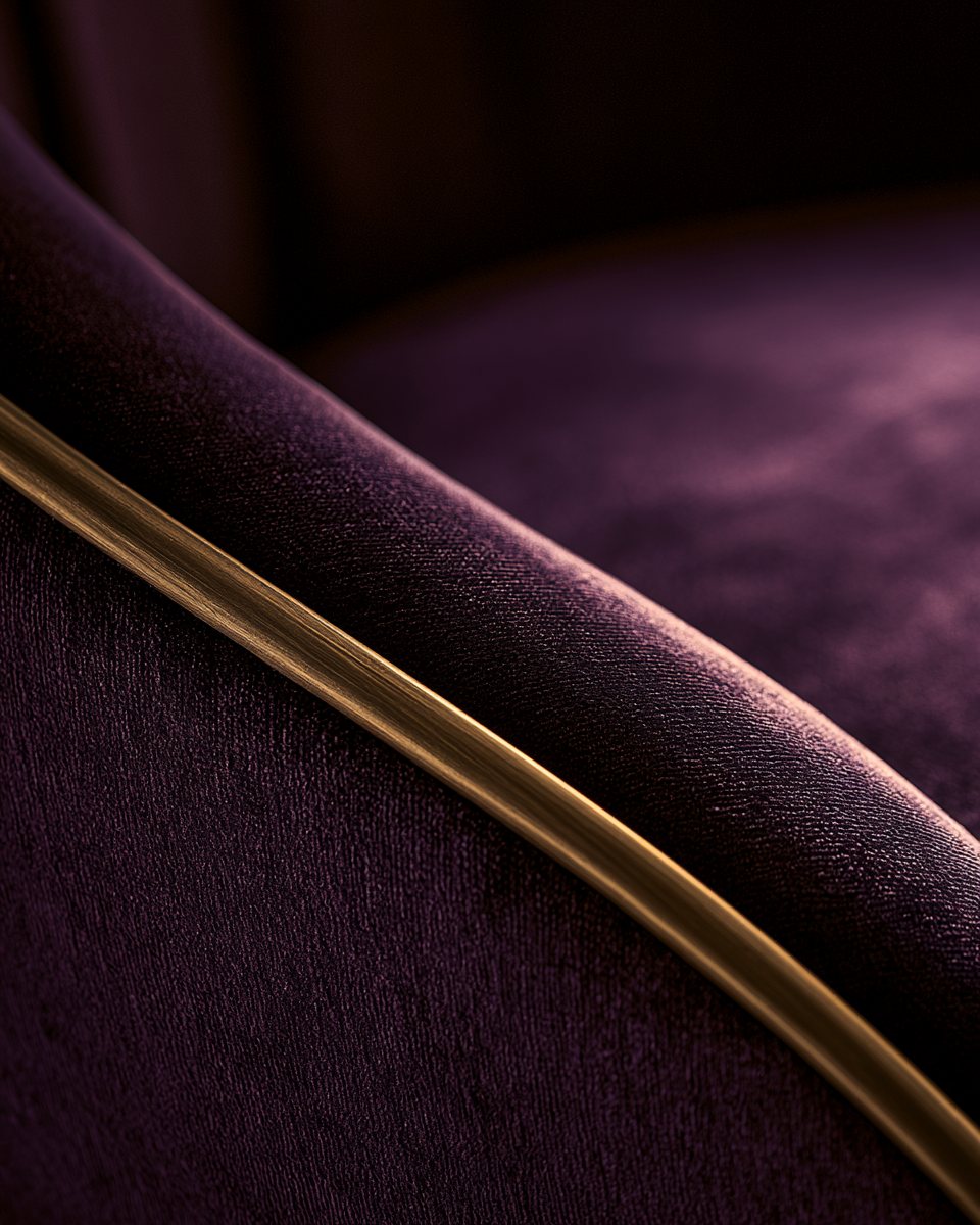 Close detail of deep aubergine velvet with a brass line running across it