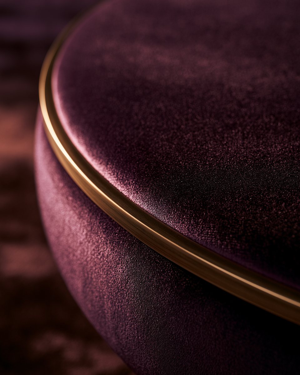 Extreme close detail of deep aubergine velvet pile catching raking warm light